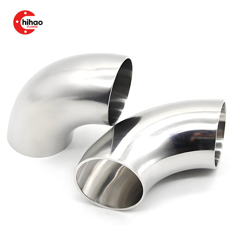 90 degree sanitary stainless steel elbow with polished finish, food-grade seamless pipe fitting for pharmaceutical, food processing and sanitary pipeline systems.