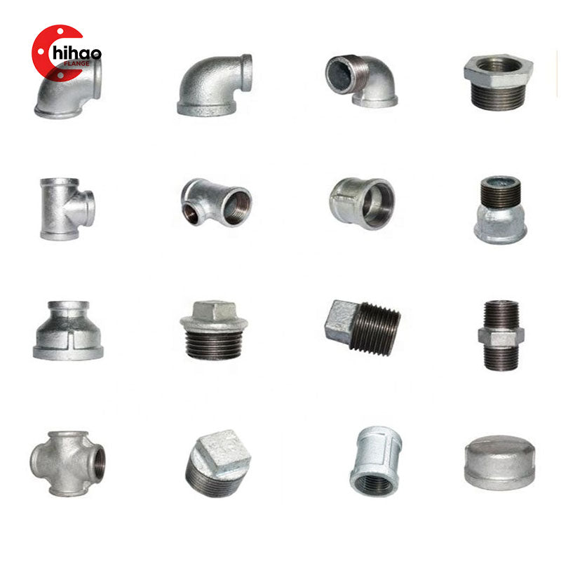 Set of galvanized malleable iron threaded pipe fittings, including elbows, tees, couplings, reducers, nipples, plugs, and adapters, for plumbing, gas, and fire sprinkler systems.
