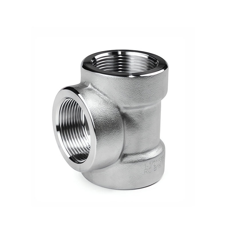 Forged stainless steel threaded tee, female NPT pipe fitting, ASME B16.11 compliant for high-pressure industrial pipeline connections.