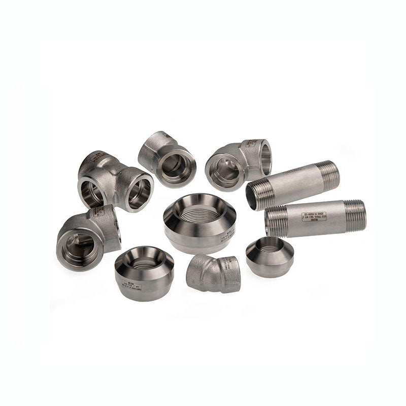 Collection of high-pressure forged stainless steel pipe fittings, including socket weld tees, elbows, threadolets, half couplings, and NPT threaded nipples, conforming to ASME B16.11 standard for industrial pipeline connections.