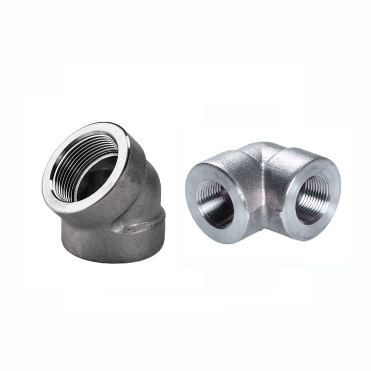 Forged stainless steel threaded elbows: 45-degree and 90-degree female NPT pipe fittings, ASME B16.11 compliant for high-pressure industrial pipeline connections.
