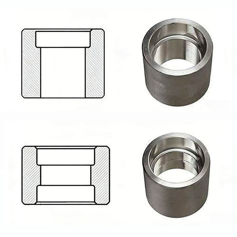 Forged stainless steel half coupling and full coupling, socket weld pipe fittings according to ASME B16.11, with technical drawings showing internal structure for high-pressure pipeline connections.