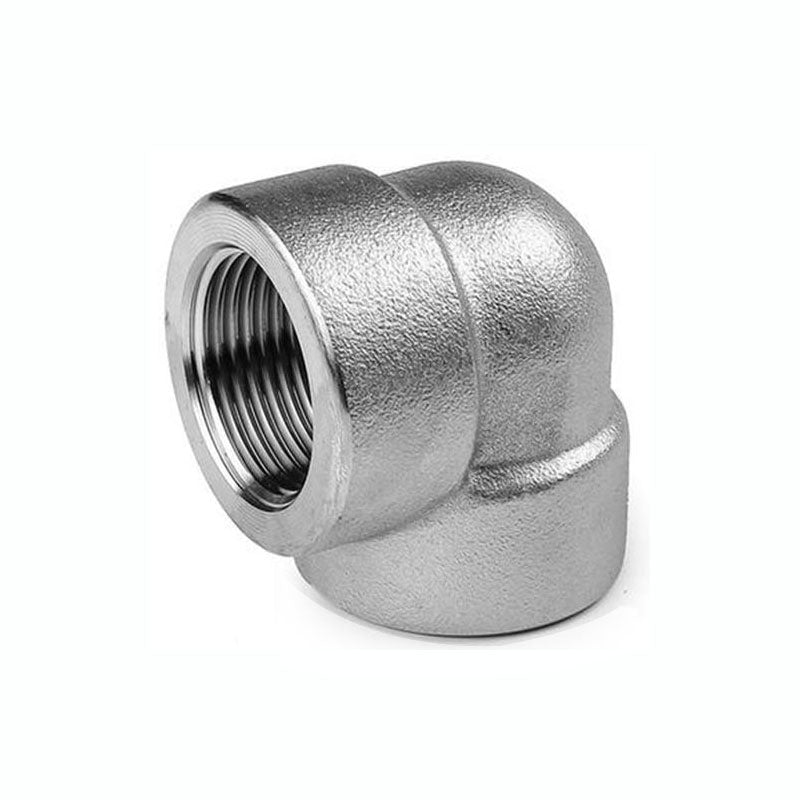 Forged stainless steel 90-degree threaded elbow, female NPT pipe fitting, ASME B16.11 compliant for high-pressure industrial pipeline connections.