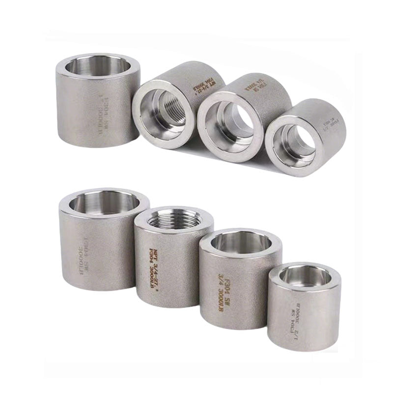 Forged stainless steel socket weld full couplings and threaded couplings, various sizes (1/2" to 3/4") 3000LB ASME B16.11 pipe fittings for high-pressure industrial pipeline connections.