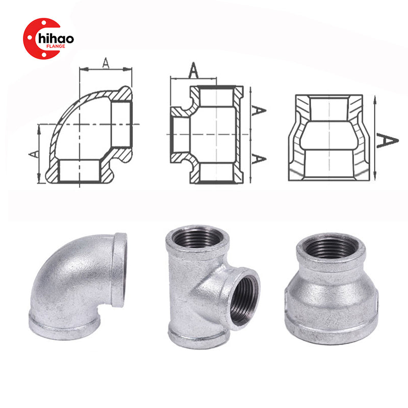 Galvanized malleable iron threaded pipe fittings with cross-section drawings, including 90° elbow, equal tee, and reducing coupling, for plumbing and fire sprinkler systems.