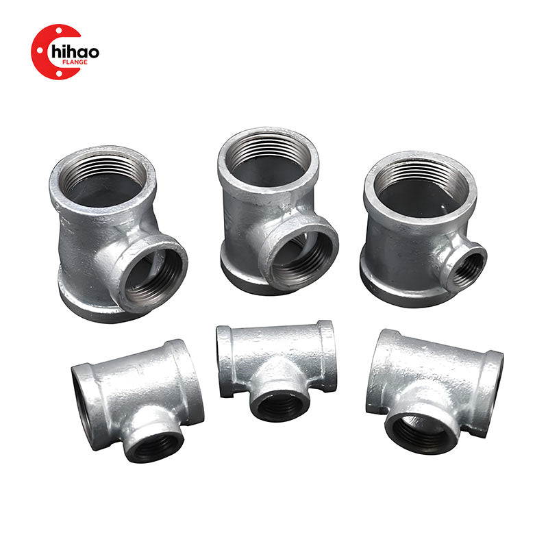 Set of galvanized malleable iron threaded tees, including equal tees and reducing tees with female NPT connections, available in multiple sizes for plumbing, gas, and fire protection systems.