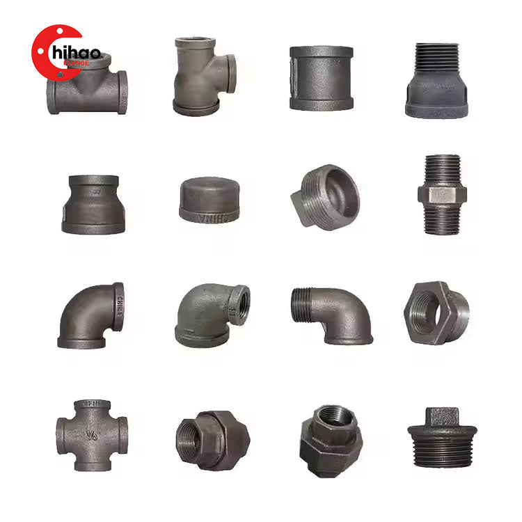 Real photo of galvanized malleable iron pipe fittings set, including tee, coupling, reducer, nipple, elbow, cap, union, and cross, for plumbing and industrial piping systems.