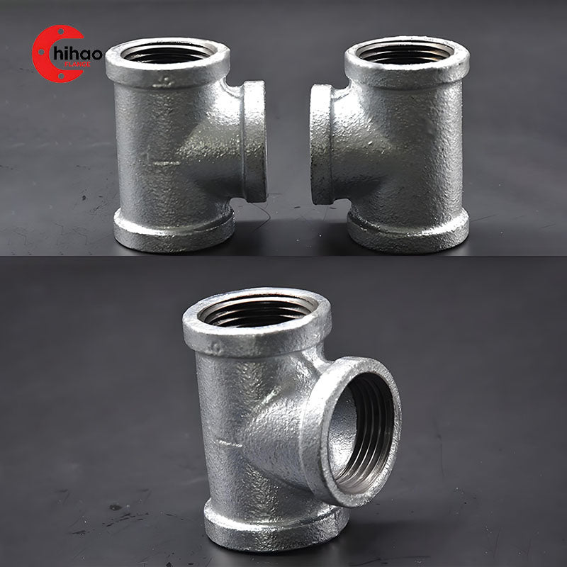 Real photo of galvanized malleable iron equal tee, female threaded pipe fitting for plumbing, gas, and fire sprinkler systems.
