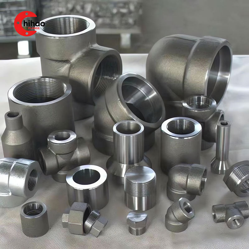 Comprehensive collection of high-pressure forged pipe fittings, including tees, elbows, couplings, nipples, and pipeolets, ASME B16.11 compliant carbon steel components for industrial pipeline systems.