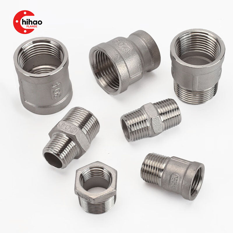 Set of 304 stainless steel threaded pipe fittings, including couplings, nipples, adapters, and hex nuts, female/male NPT connections for water, gas, and industrial pipeline systems.